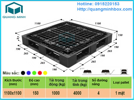 Pallet nhựa màu đen kích thước 1100x1100x150 mm