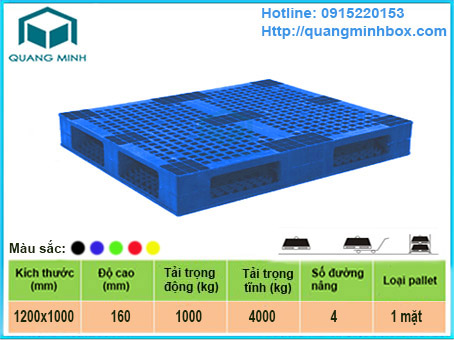 Pallet nhựa màu xanh kích thước 1200x1100x160 mm